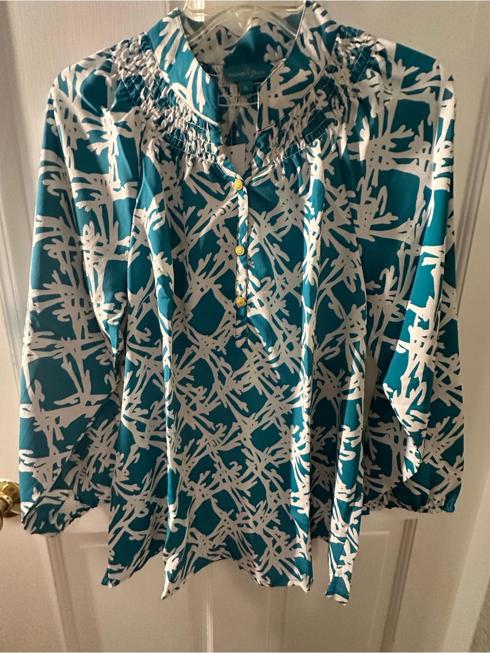 Southern Frock Teal and White Printed Smocked-Neck Blouse